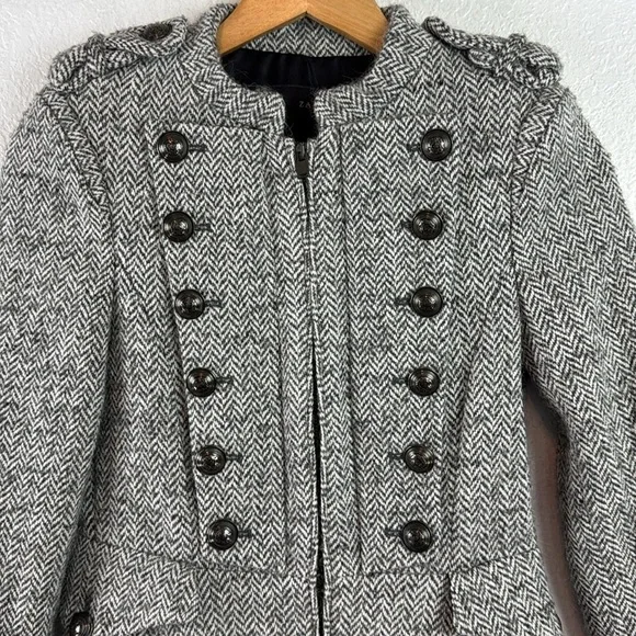 Zara Gray Tweed Wool Blend Button Military Zip Front Flared Peacoat Jacket small - Picture 2 of 8
